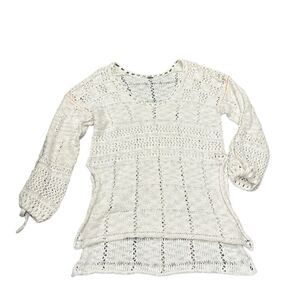 Free people white v neck open knit crochet tunic cover up top Large